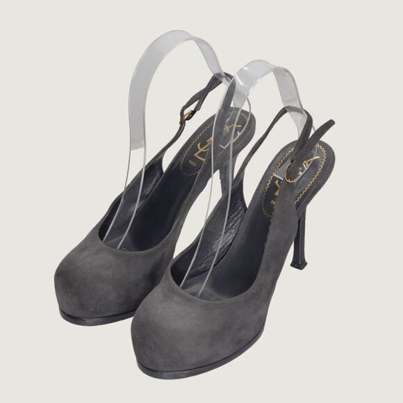 Yves Saint Laurent Womens Tribtoo Slingback Heel Gray Suede Buckle Ultra High 6 - Picture 1 of 11